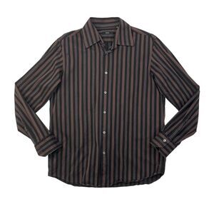 Hugo Boss Shirt Mens 16 Sable Black Cotton Striped Button Up Long Sleeve Dress